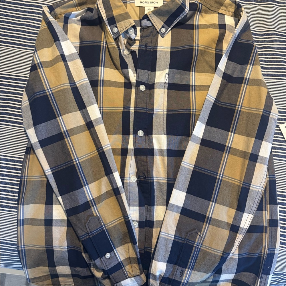 Nordstrom Men’s Navy and Mustard Plaid Button-Down Shirt